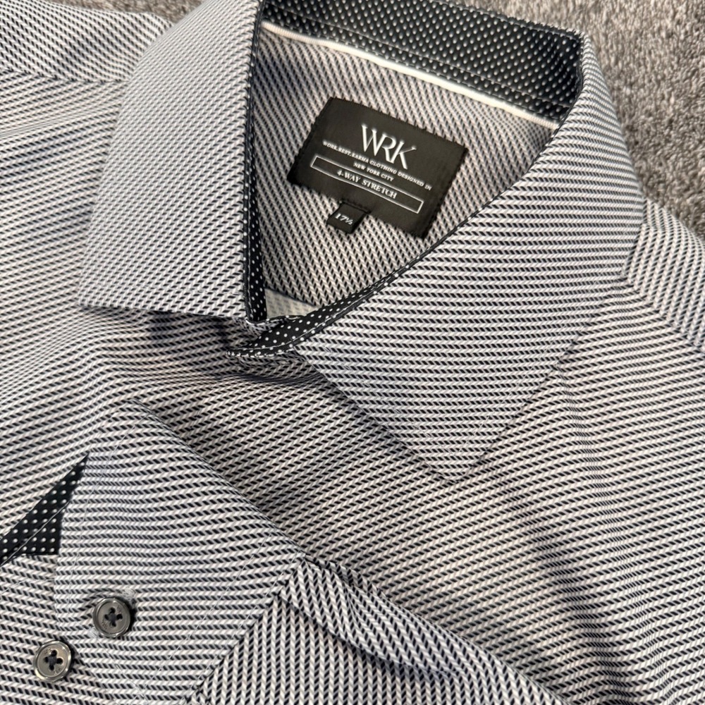 WRK 17.5 Dress Shirt Black White Geometric 4-Way Stretch Long Sleeve Performance